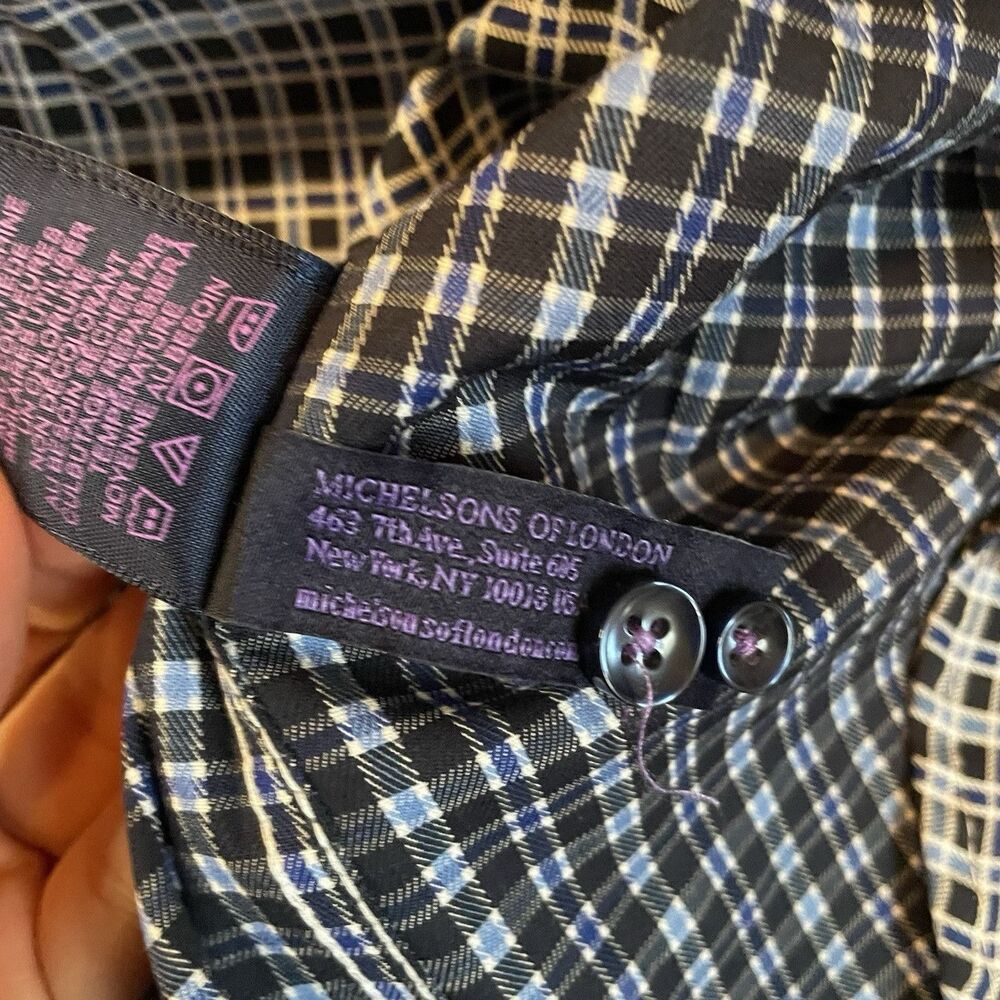 Michelsons London Dress Shirt Men's Large Navy Twill Check Long-Sleeve Contrast - Picture 8 of 11